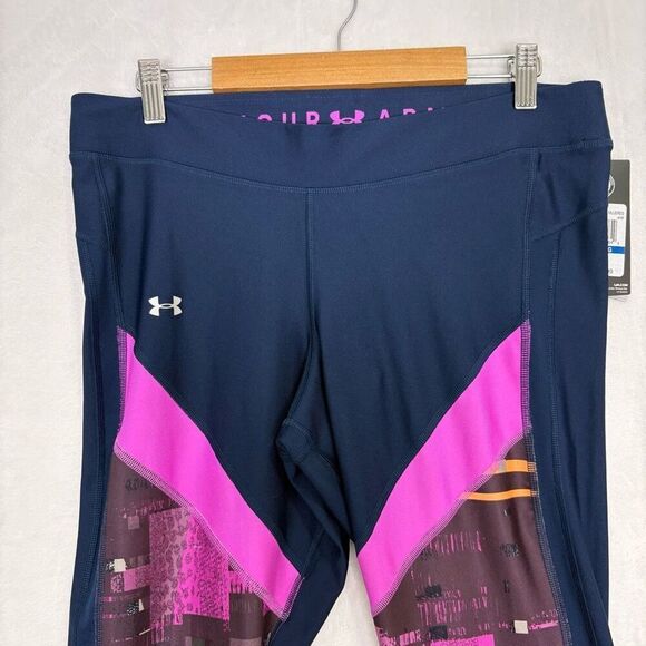 New Under Amour Navy Blue with Bright Purple & Maroon Patterned Capri Leggings S - Picture 2 of 11
